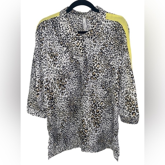 NY COLLECTION White Yellow Leopard Print Button Up Blouse Size L - Picture 1 of 7